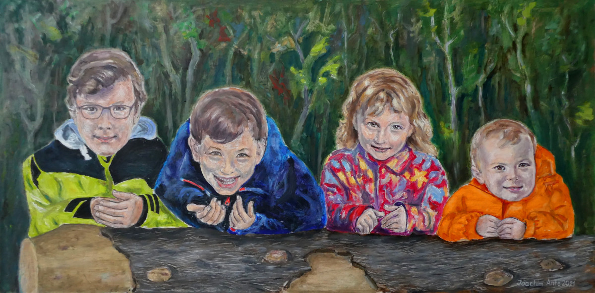 Vier Enkelkinder, Öl auf Sperrholz, 2021 (Zweite Version)