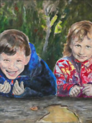 Vier Enkelkinder, Öl auf Sperrholz, 2020