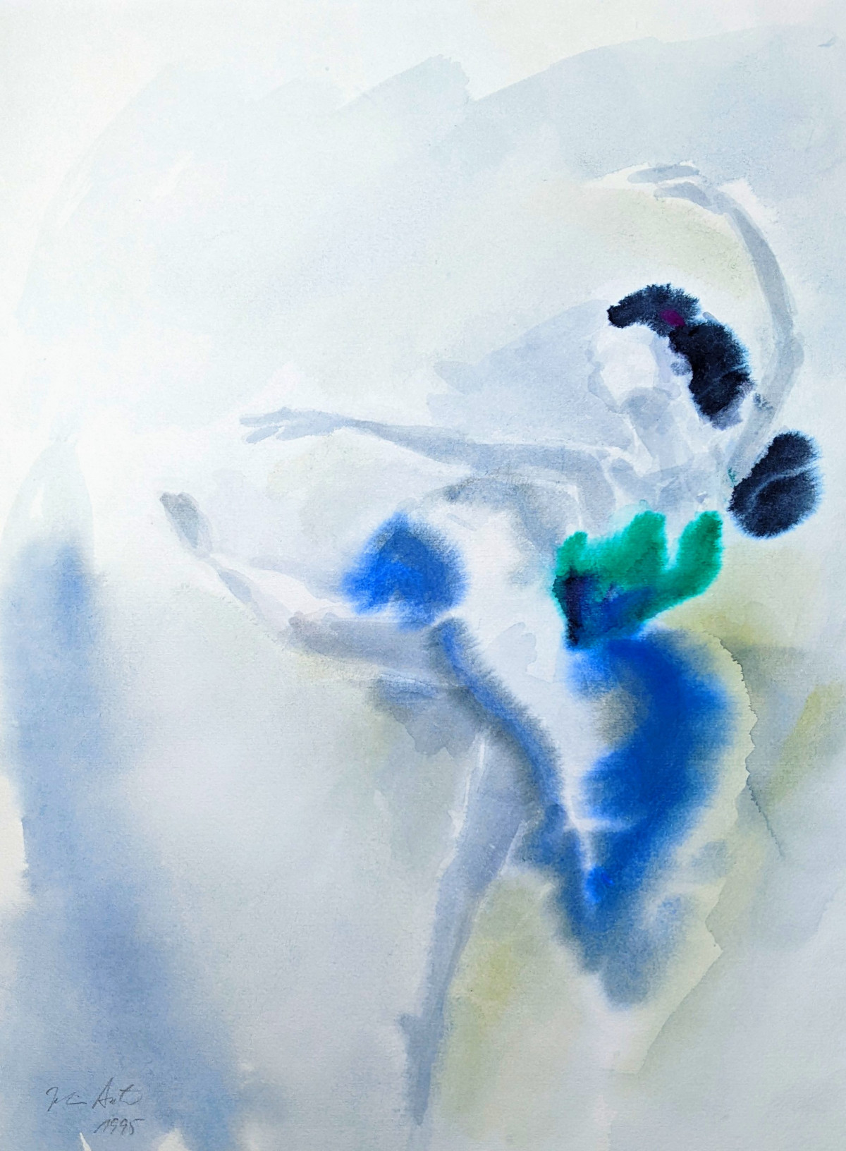 Tänzerin in Grün und Blau Attitudefigur, Aquarell, 1995