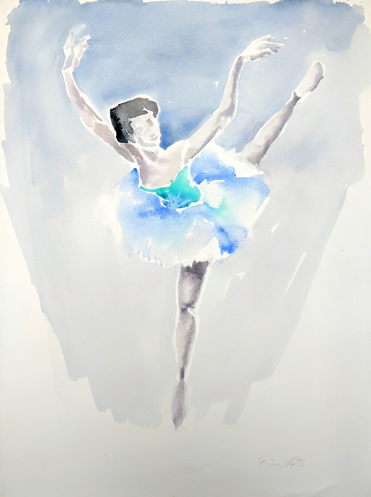 Frontansicht einer Tänzerin in Attitudefigur, Aquarell, unbekannt