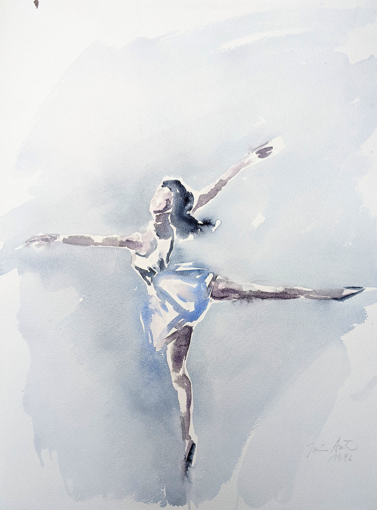 Tänzerin in weiß, ausladende Attitudefigur, Aquarell, 1.4.1996