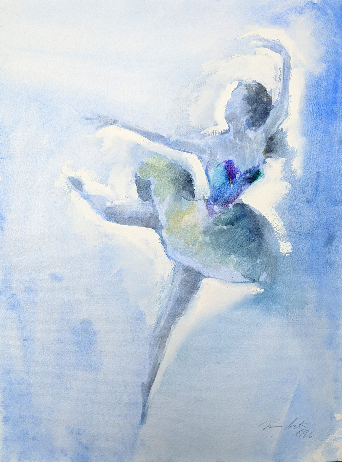 Tänzerin auf Blau, Attitudefigure, Aquarell, 1996