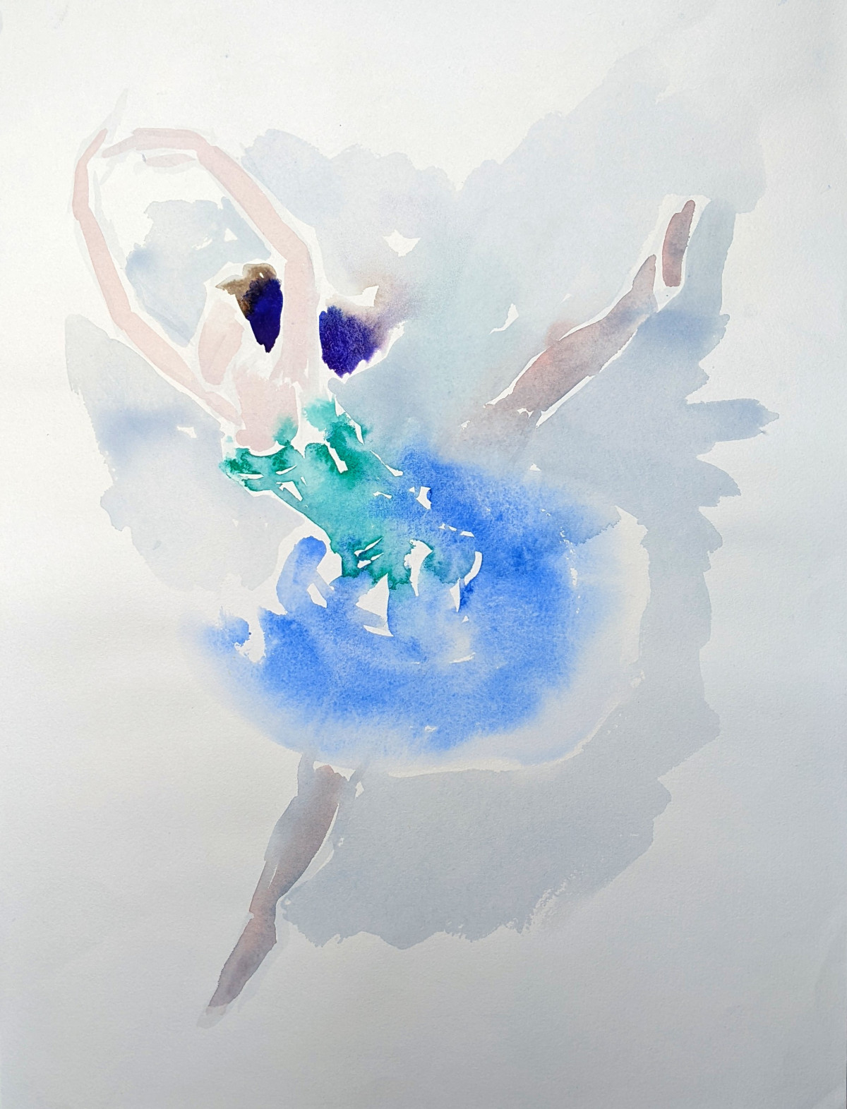 Tänzerin mit fließendem blauen Tütü, Aquarell, Datum unbekannt.