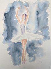Helle schmale Tänzerin vor dunklem Hintergrund, Streckfigur, Aquarell, 05.02.2014