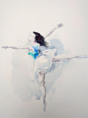 Tänzerin zwischen Sprung- und Attitudefigur, Aquarell, 1996