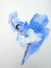 Tänzerin vor Blau, Sprungfigur, Aquarell, 1987.