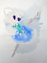 Tänzerin mit fließendem blauen Tütü, Aquarell, Datum unbekannt.