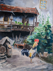 Neugieriger Hahn, Aquarell, 12.2015