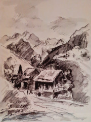 Tiroler Bergblick, monochromes Aquarell mit Wachskreide, 1996