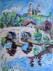 Burg und Brücke in der Auvergne, Zweitausfertigung in Öl, 1985