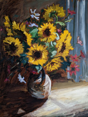 Sonnenblumen in Tonvase, Öl, 1975